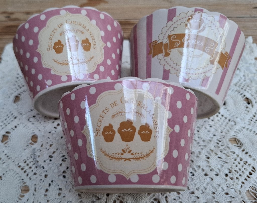 3 Franse ijs schaaltje met roze strepen en creme dots, Huis en Inrichting, Keuken | Servies, Gebruikt, -, -, Ophalen of Verzenden