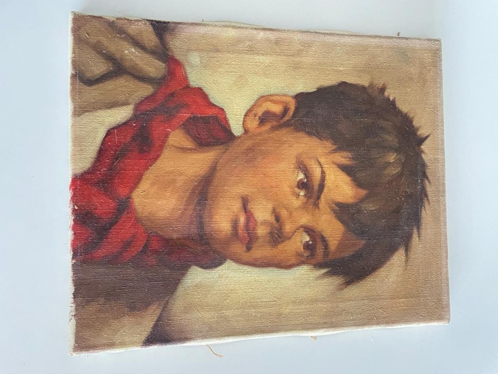 Schilderijtje jongen jaren 50 verf op doek, Ophalen, Minder dan 50 cm, ., 2de hands