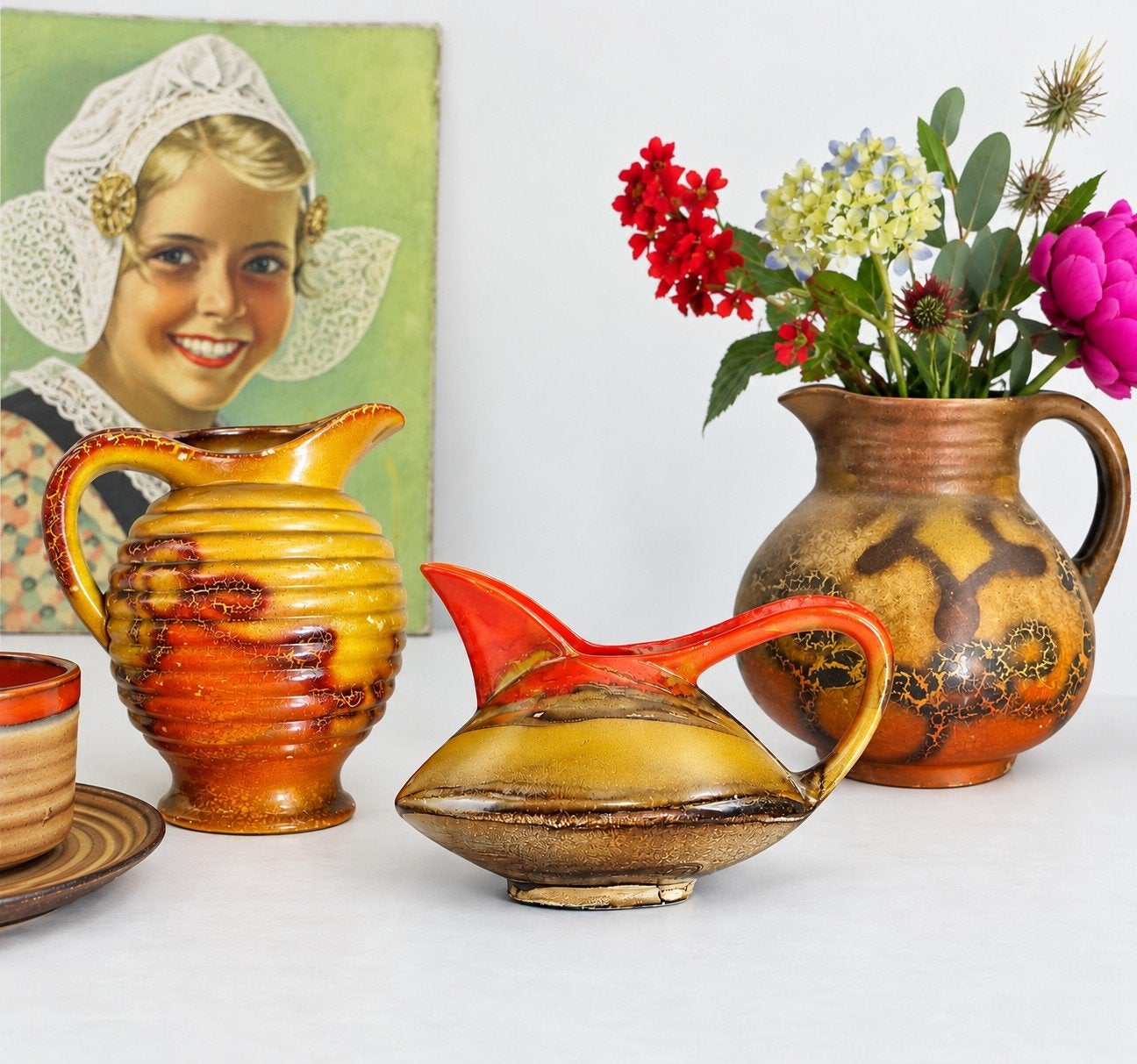 Bijzonder vintage keramisch snavelkannetje – rood/geel/bruin, Ophalen of Verzenden