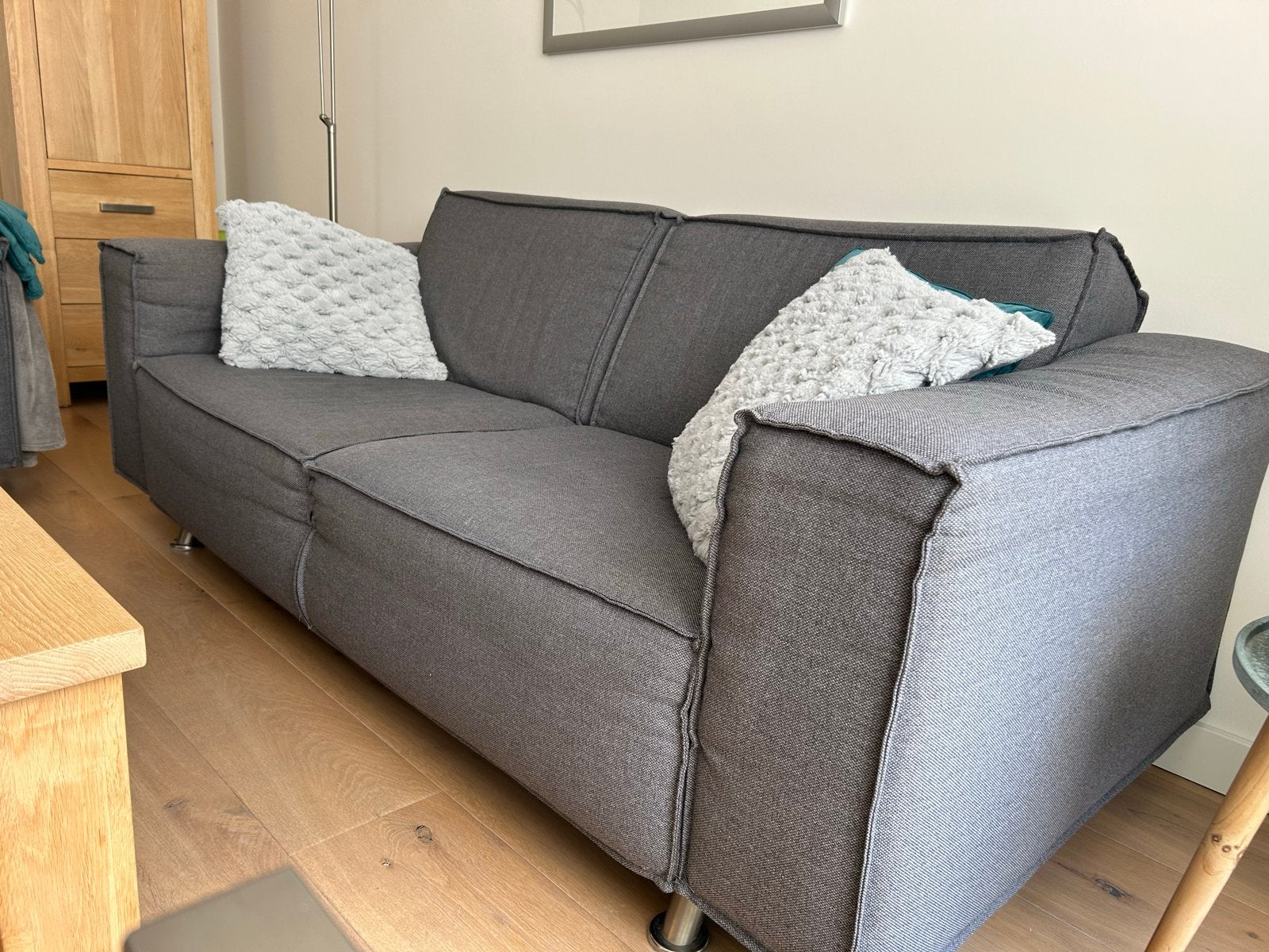 Grijze 2,5 zits bank en 1,5 zits fauteuil, Ophalen, 150 tot 200 cm, Tweepersoons, 75 tot 100 cm