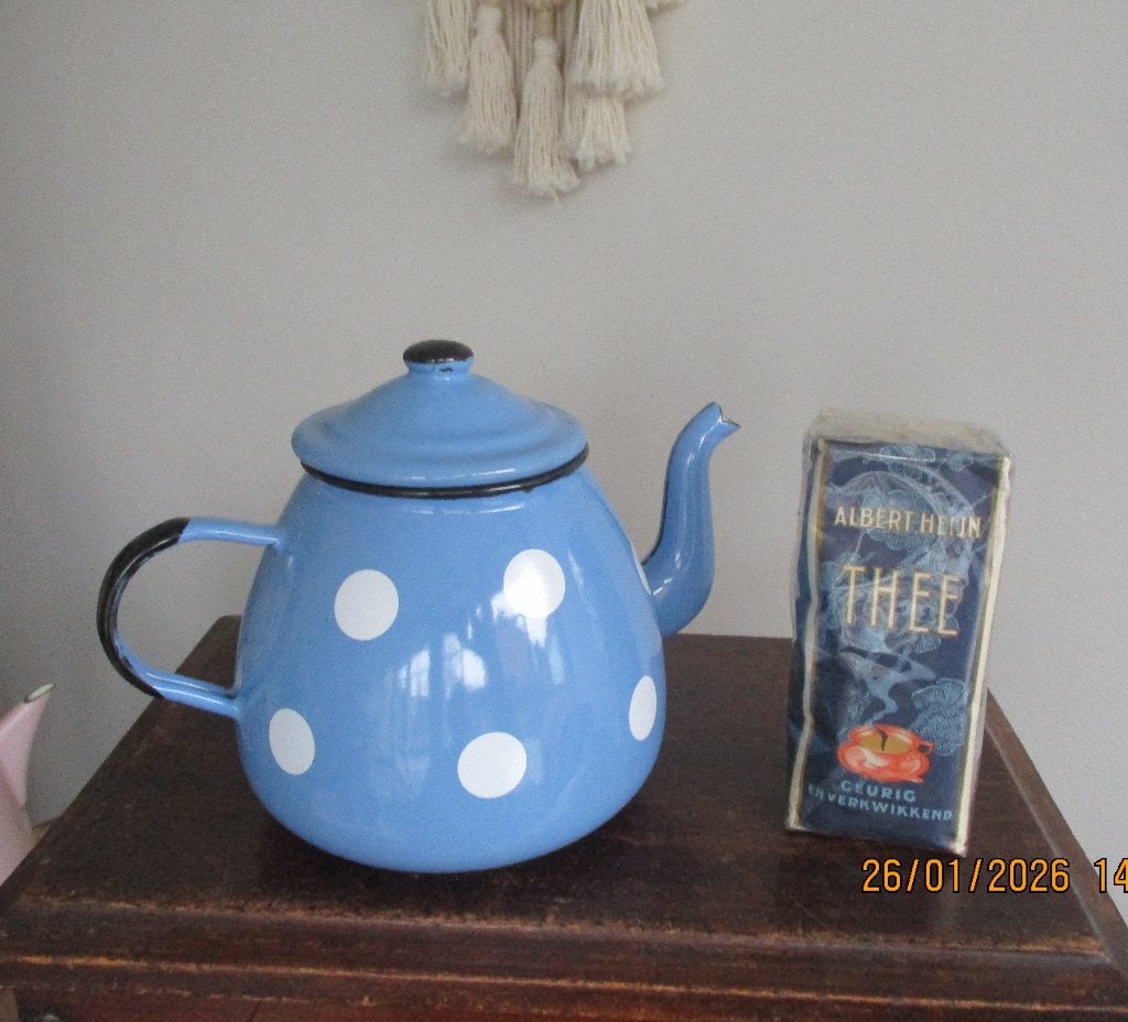 brocante emaille theepot polkadot, Ophalen of Verzenden