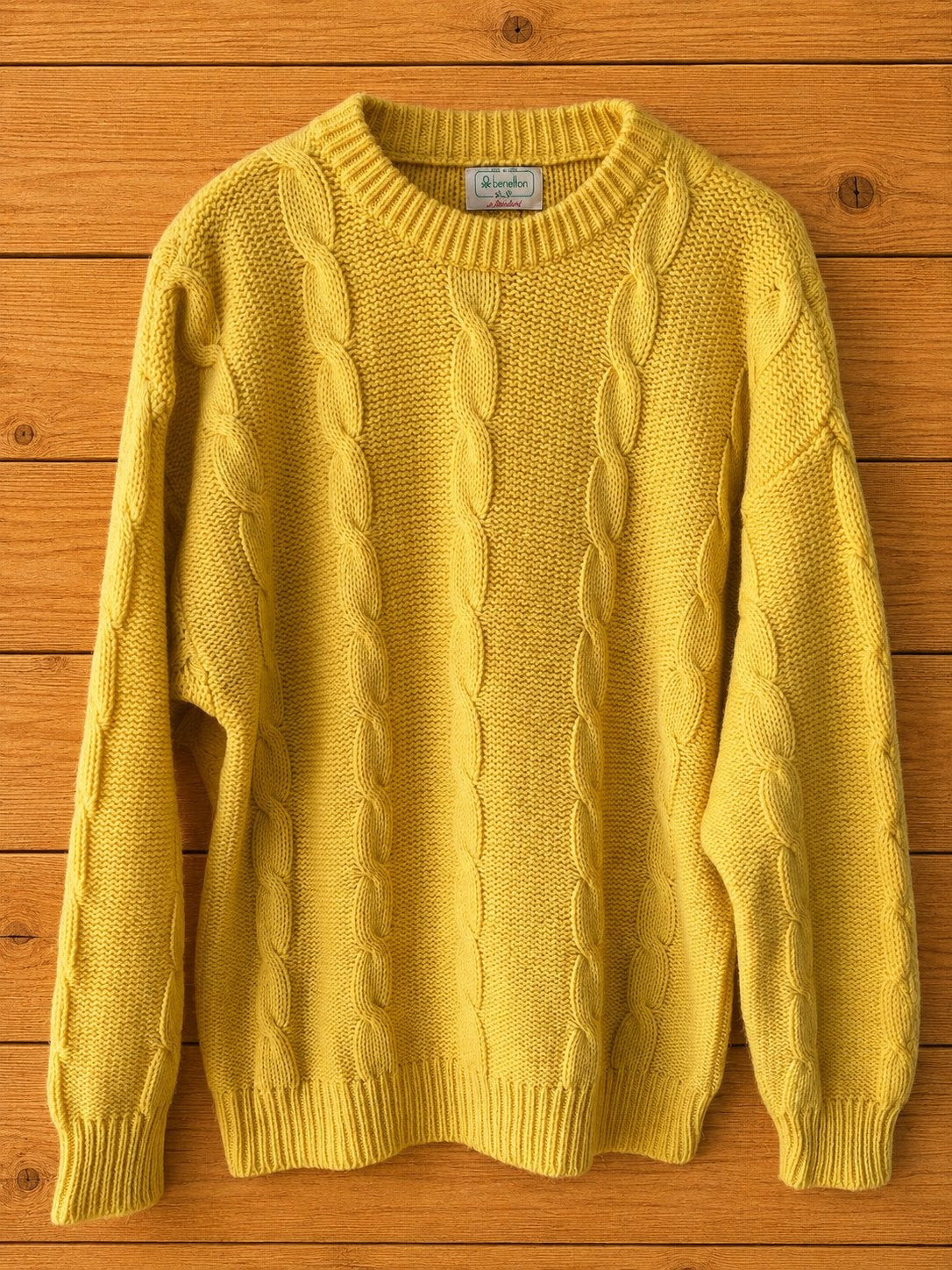 Vintage Benetton Kabeltrui Geel - 100% Wol - Maat L (50), Ophalen of Verzenden, Zo goed als nieuw, Geel