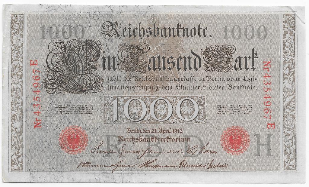 1000 Mark 1910 Reichsbanknote; two red seals 967E, Verzenden, Duitsland, Los biljet