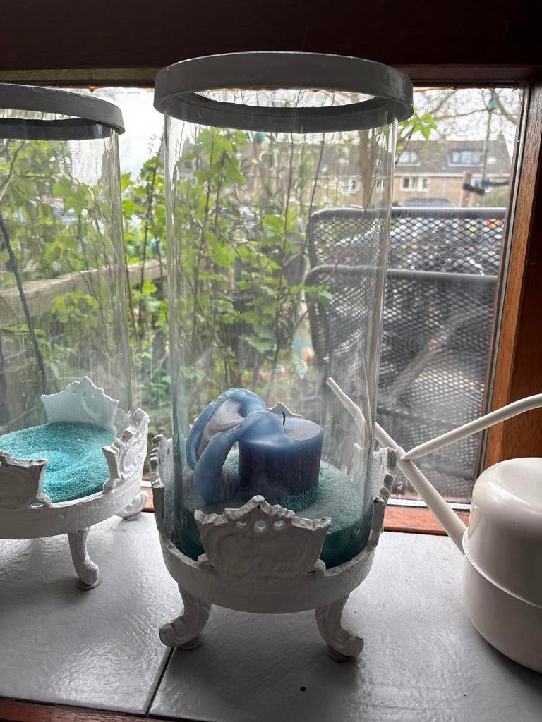 Glazen kaarsenstandaard met witte voet, Ophalen, Overige materialen, Gebruikt, 25 tot 50 cm