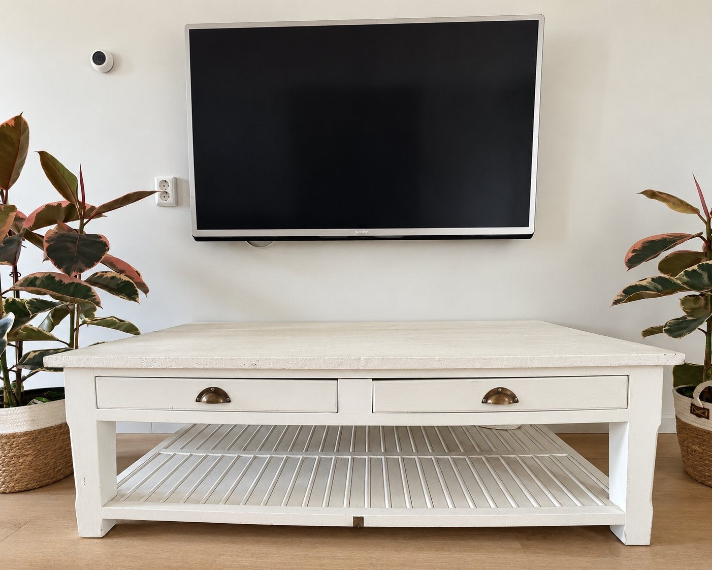 Riviera Maison Witte salontafel met lades en opbergruimte, Ophalen, Gebruikt, 100 tot 150 cm, Overige houtsoorten