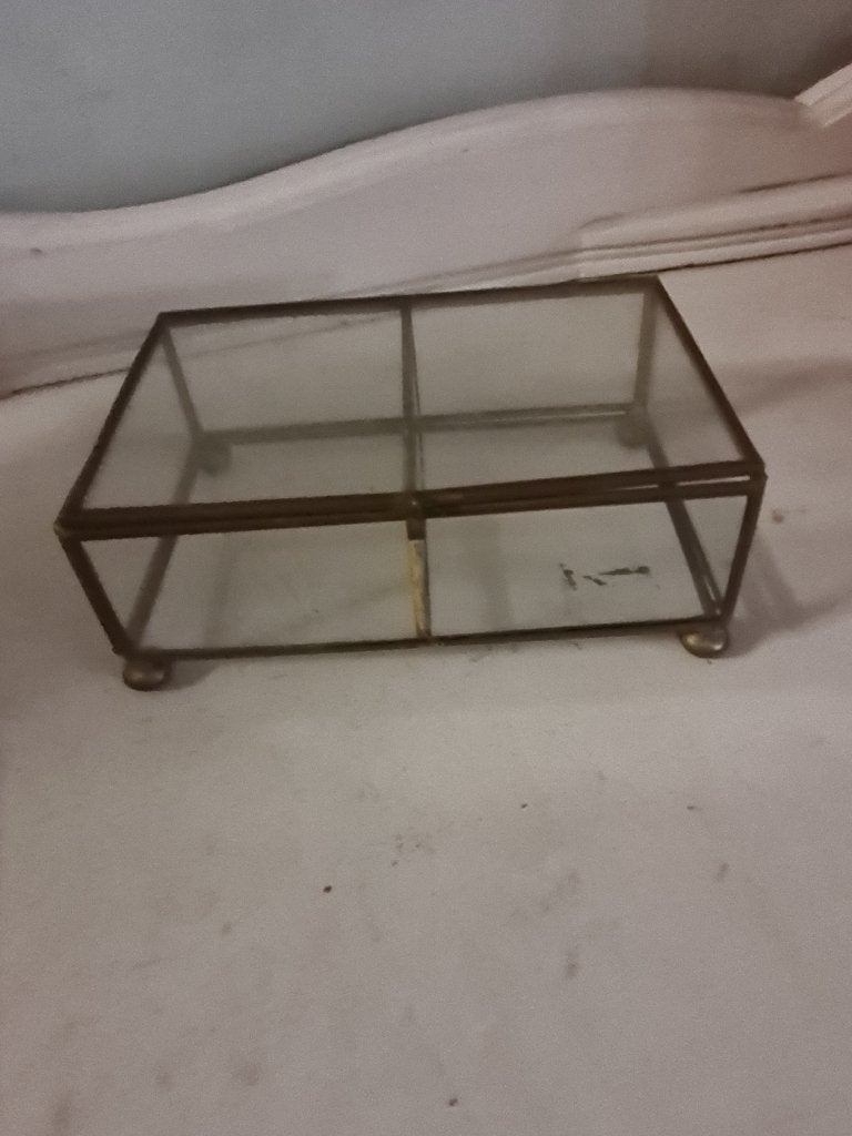 Vintage opberg doosje sierraden kistje glas met koper