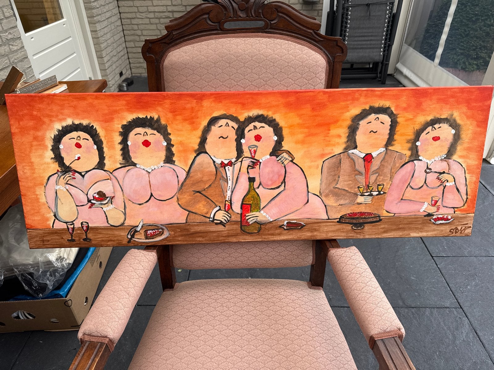 Vrolijk schilderij 'Gezellig samenzijn' - Handgeschilderd, Handgeschilderd, Ophalen of Verzenden, Textiel, Figuren