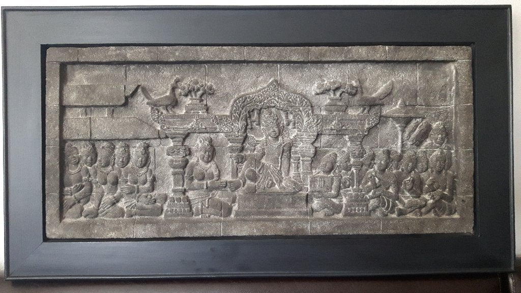 groot Boedha Bas Reliëf paneel - 56,5 x 106,5 cm, Ophalen, Gebruikt, Met reliëf, Grijs
