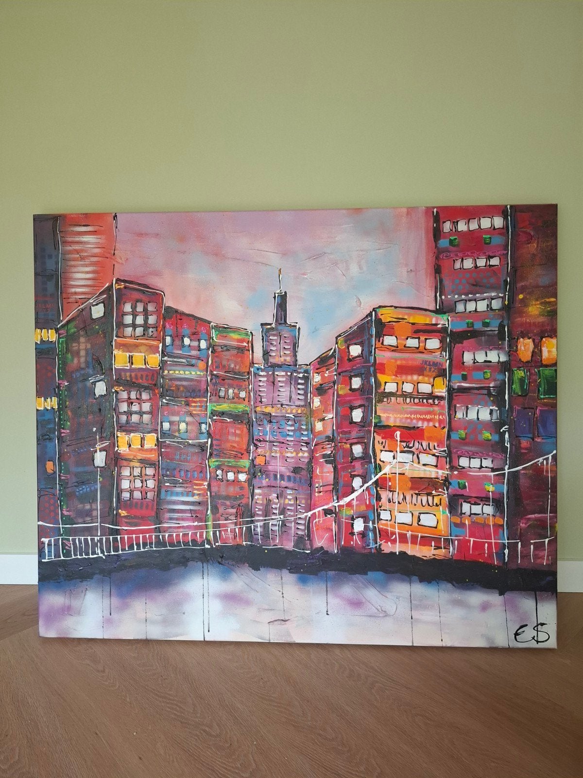 Prachtig schilderij van Esther Gemser 'New York Bridge', Ophalen, Gemengde techniek, Op houten frame, Stadsgezicht