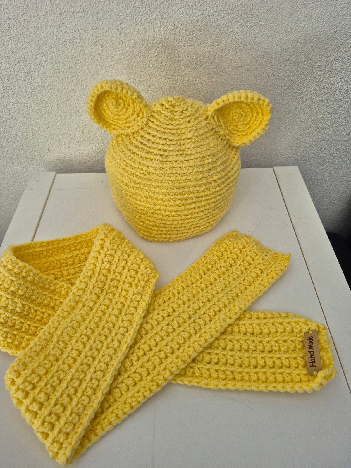 Handgehaakte  Muts& Sjaal geel, Jongen of Meisje, Nieuw, Ophalen of Verzenden, Handmade