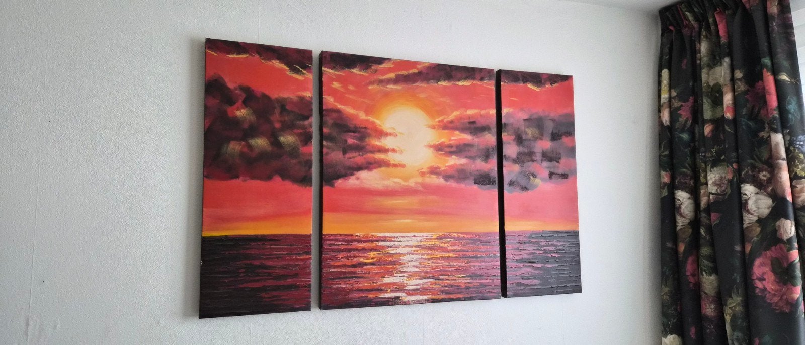 3-luik Schilderij Zonsondergang Boven Zee, Op houten frame, Olieverf, Textiel, Landschap