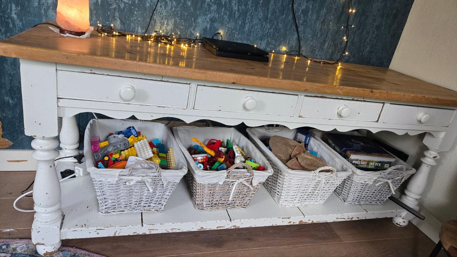 brocante houten sidetable met lades en opbergmanden, Ophalen, Gebruikt, 50 tot 100 cm, 150 tot 200 cm