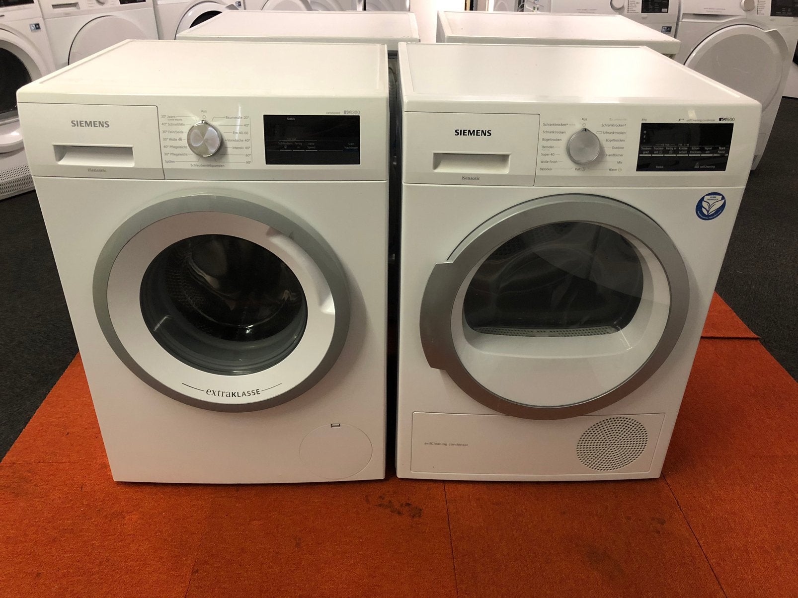 SET €625 A+++ Wasmachine + Warmtepomp droger Siemens iQ500, Ophalen, 6 tot 8 kg, Minder dan 85 cm, Kort programma