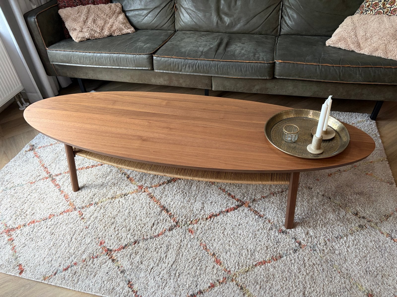 Ovale salontafel met rotan onderblad, Ophalen, Gebruikt, 50 tot 100 cm, 150 tot 200 cm
