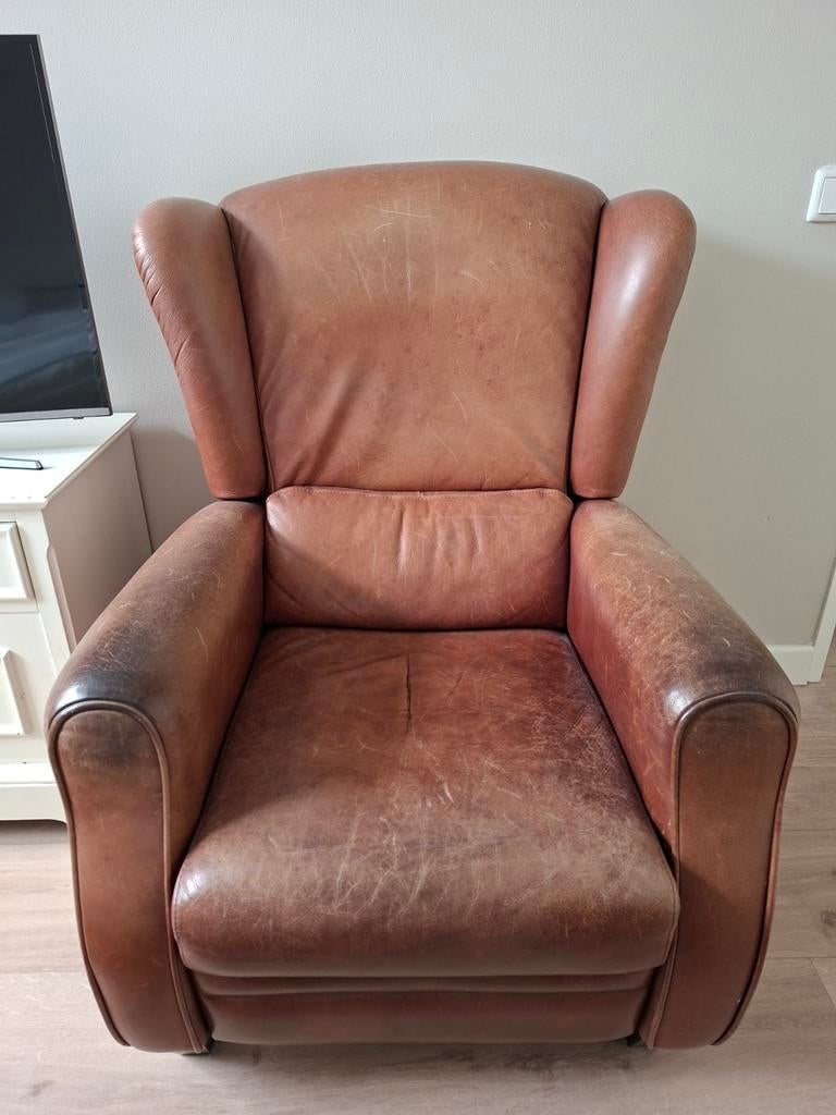 Leren fauteuil met relaxfunctie - Cognacbruin, Ophalen, Gebruikt, Klassiek, Vintage, 75 tot 100 cm