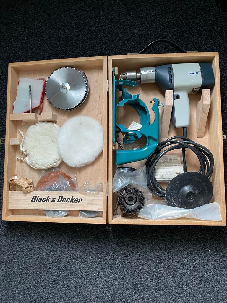 Vintage Philips boormachine met accessoires in houten kist, Ophalen, Gebruikt, Minder dan 400 watt, Boormachine
