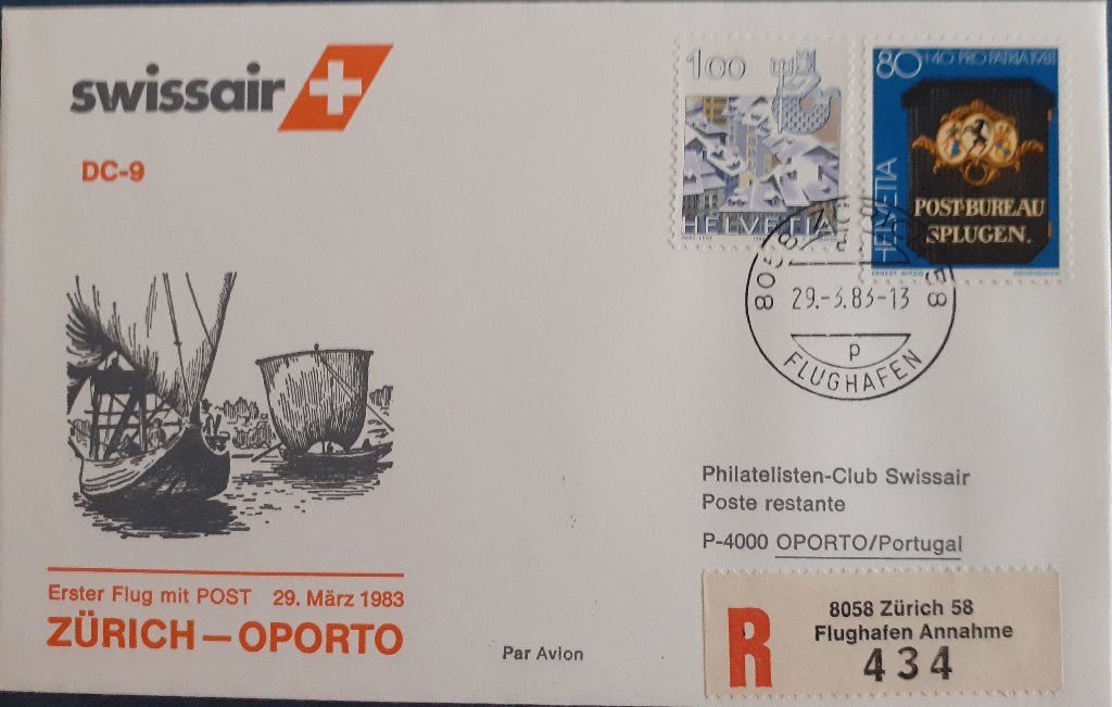 Luchtpost Zwitserland 1e Vlucht Zurich - Oporto, Postzegels en Munten, Brieven en Enveloppen | Buitenland, Ophalen of Verzenden