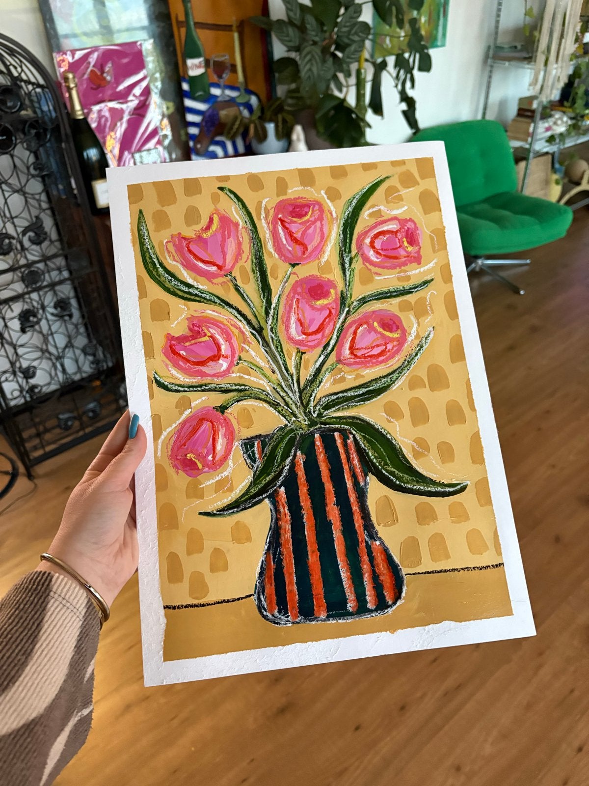 A3 Acrylverf en Oliepastel Schilderij - Bloemen in Vaas, Handgeschilderd, Papier/karton, Ophalen of Verzenden, Gemengde techniek