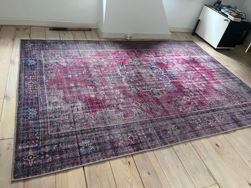 Vintage Rozenkelim Vloerkleed 200x290 cm, Huis en Inrichting, Stoffering | Tapijten en Kleden, Ophalen, Blauw, Zo goed als nieuw