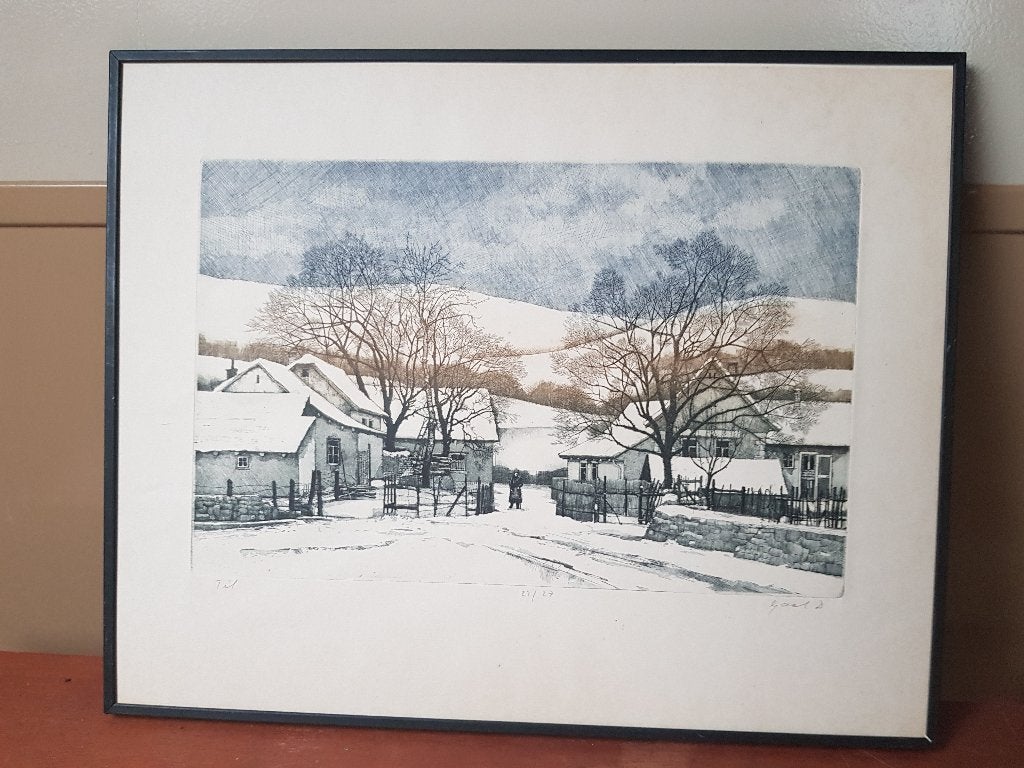 Prent Winterlandschap, Ophalen of Verzenden, Ingelijst, Landschap