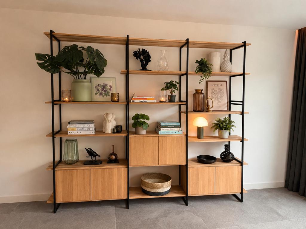 Industriële design kast / vakkenkast eikenhout & zwart staal, Huis en Inrichting, Ophalen, 200 cm of meer, Eikenhout, Zo goed als nieuw
