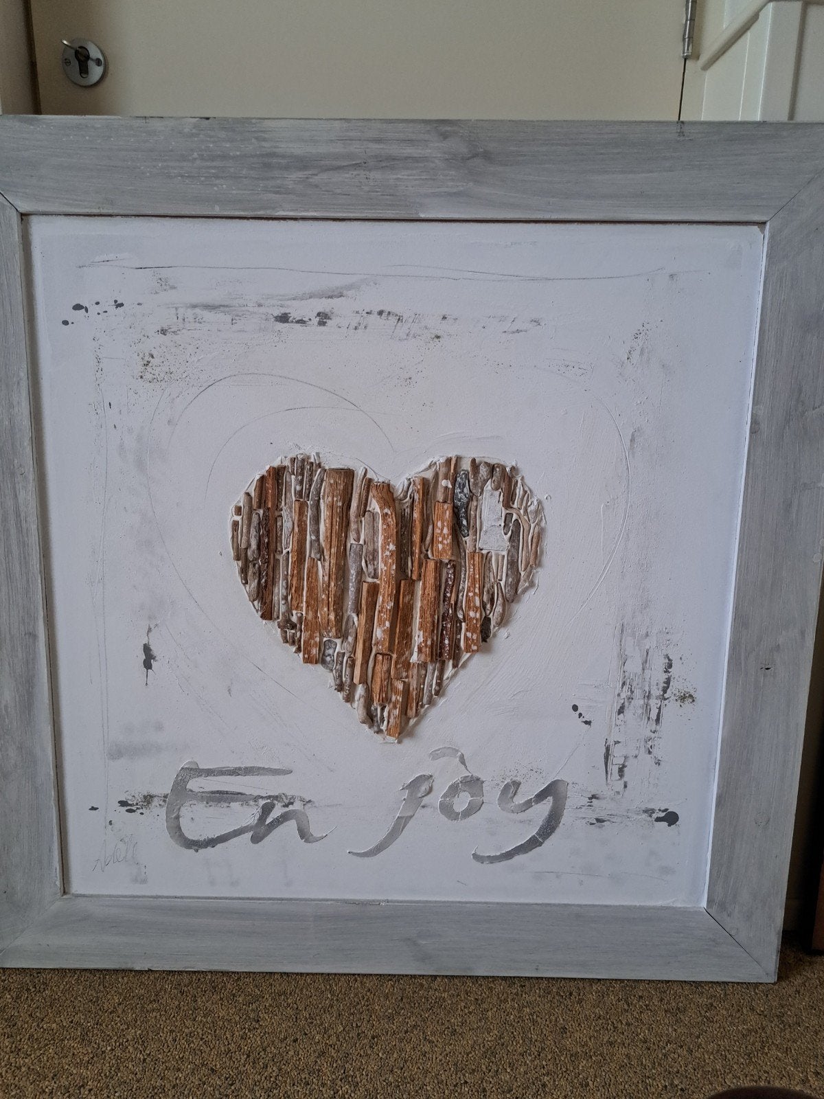 Schilderij 'Enjoy' met hart van hout, van Bommel, Ophalen of Verzenden, Gemengde techniek, Ingelijst, Hout