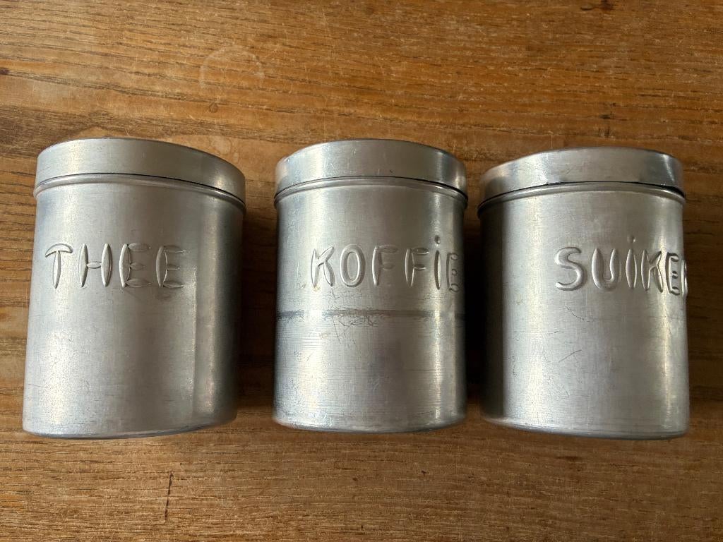 Vintage aluminium voorraadbussen koffie thee suiker, Ophalen of Verzenden