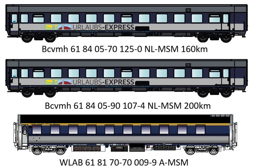 H0 1:87 - 3-delige NL rijtuigset-Urlaubs-Express - MSM Group, Hobby en Vrije tijd, Overige merken, Gelijkstroom of Wisselstroom