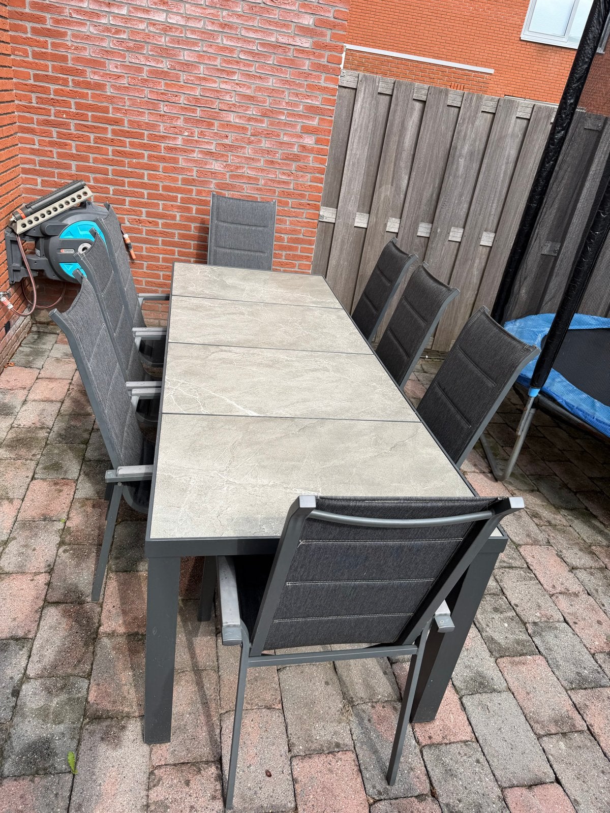 Moderne tuinset met 8 stoelen en een tafel, Tuin en Terras, Ophalen, Gebruikt, Eettafel, Aluminium