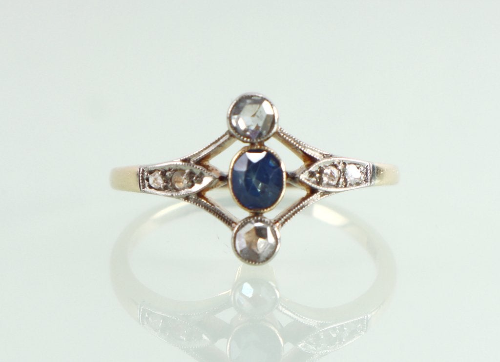 Antieke gouden ring saffier roosdiamant Art Deco, Ophalen of Verzenden, Goud, Ring, Met edelsteen