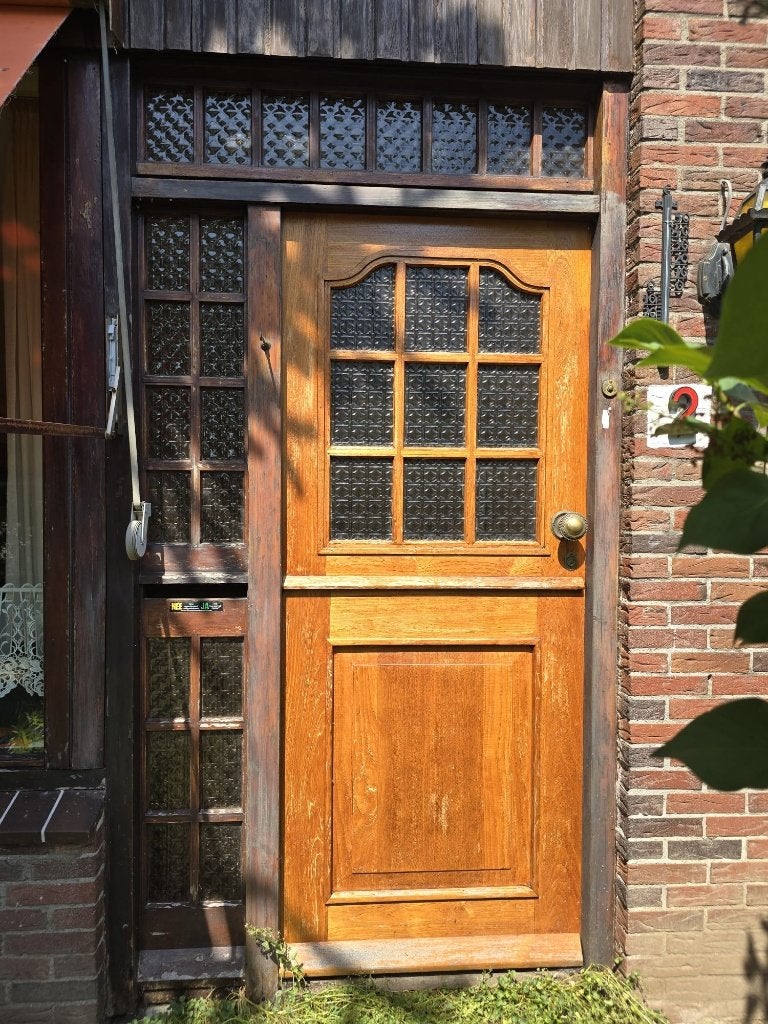 Hardhouten deur deelbaar met boven- en zijlicht, Doe-het-zelf en Verbouw, Deuren en Horren, Ophalen, Gebruikt, 80 tot 100 cm, Buitendeur