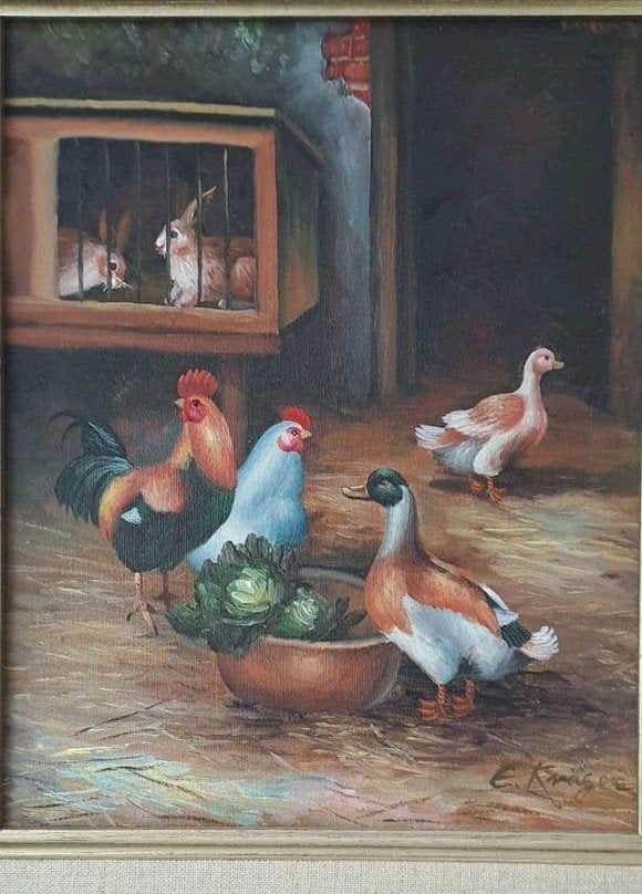 Olieverfschilderij Louis Krüger - Boerenerf met dieren, Doek, Realistisch, Dieren, Ophalen of Verzenden