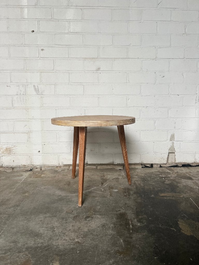Rond houten bijzettafeltje op drie poten vintage stijl, 45 tot 60 cm, Minder dan 55 cm, Gebruikt, Rond