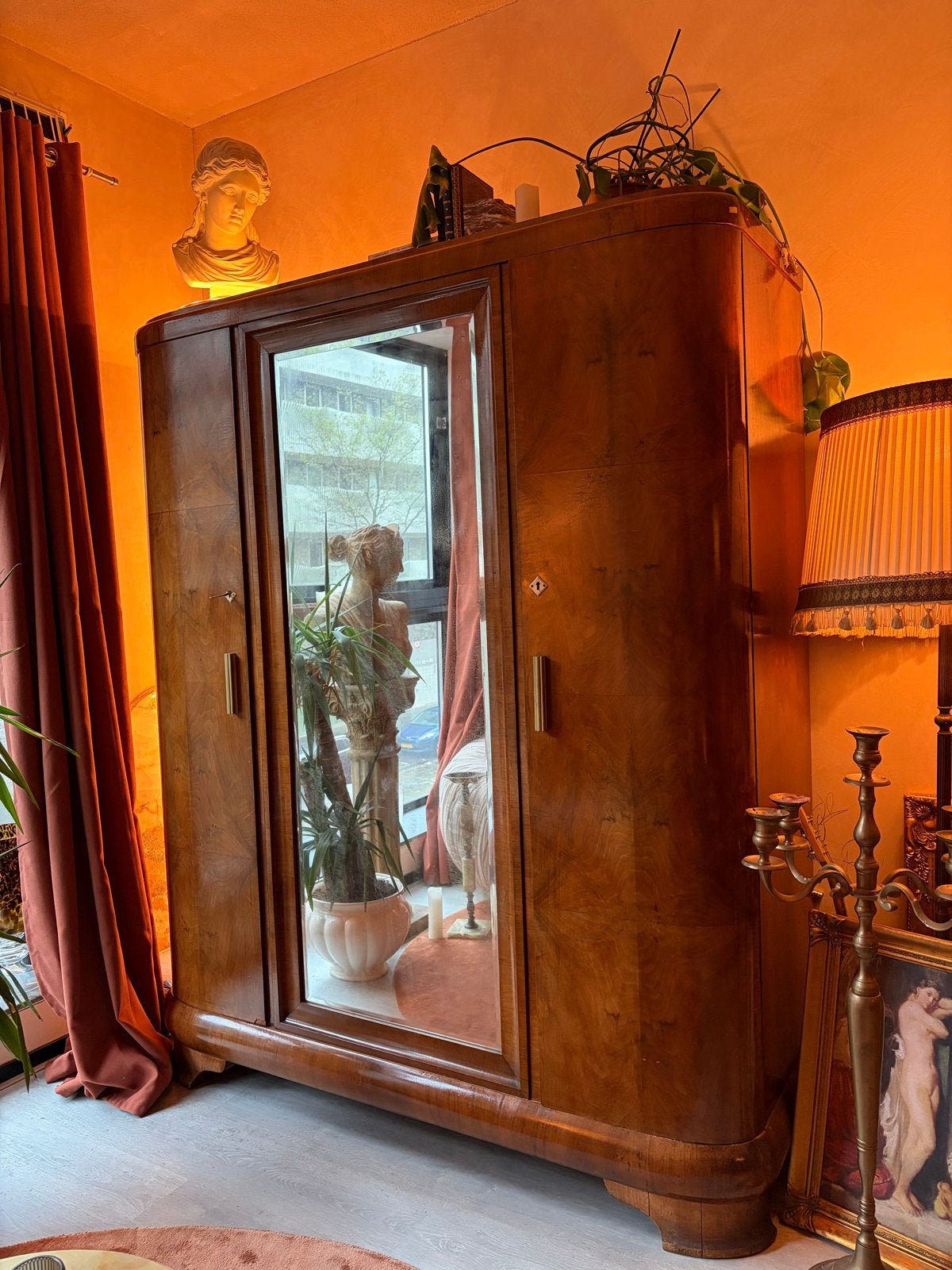 Art Deco Kledingkast met Spiegel - Vintage Hout, Ophalen of Verzenden