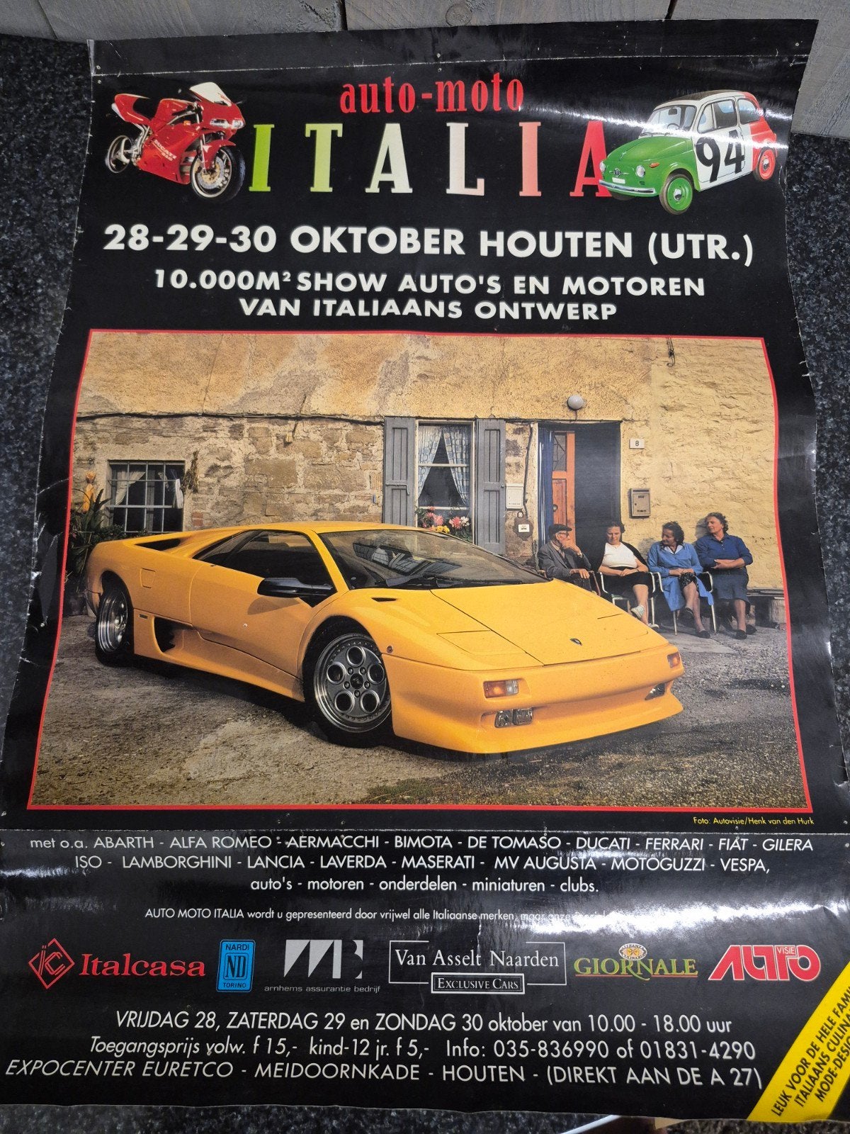 Vintage Auto Moto Italia Poster Houten - Italiaans Design, Ophalen of Verzenden, A1 t/m A3, Reclame, Rechthoekig Staand