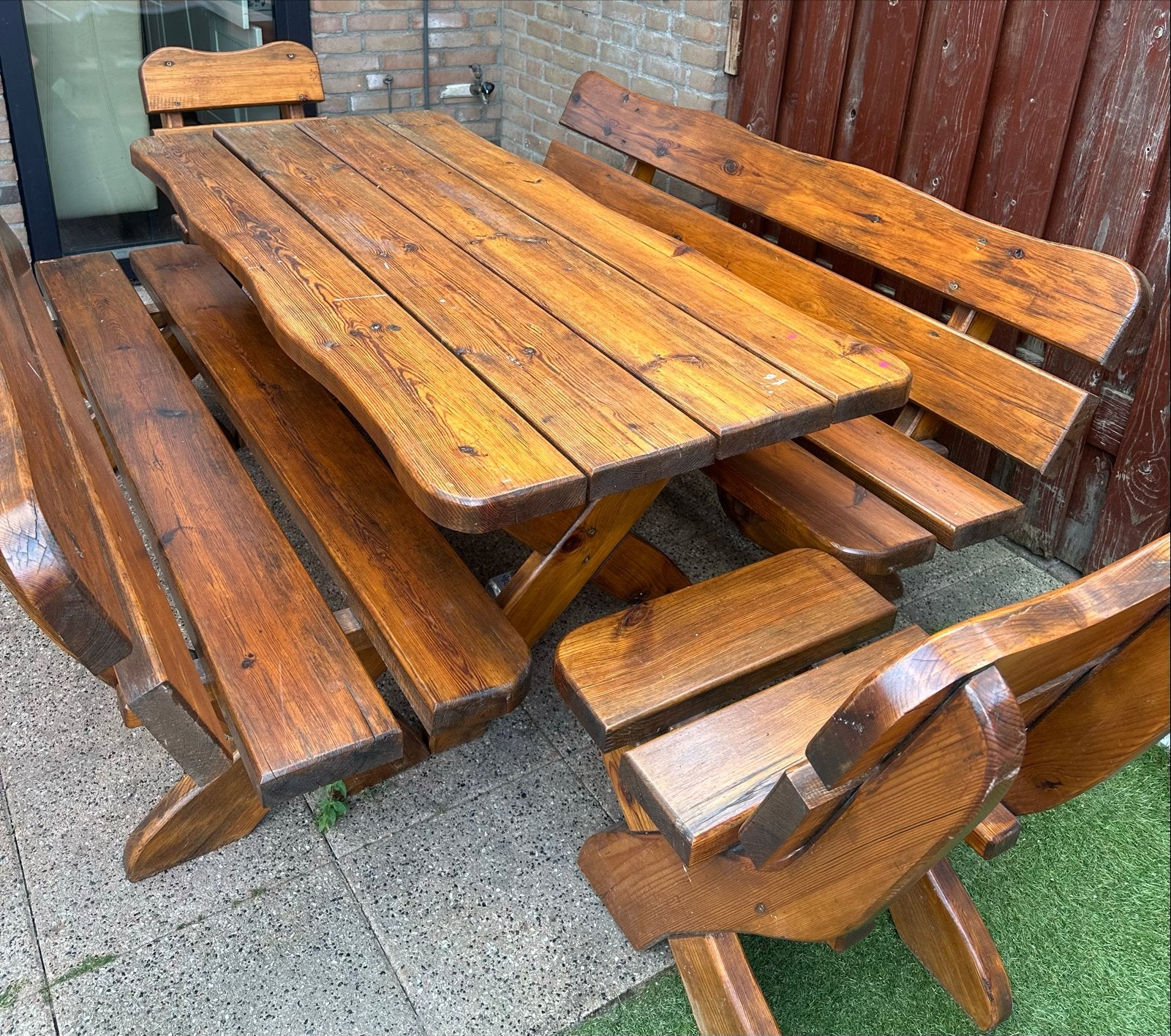 Robuuste houten picknicktafel met banken en stoelen, Tuin en Terras, Ophalen of Verzenden, Gebruikt, Rechthoekig, Hout