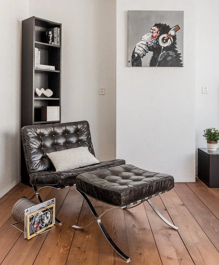 Chair + Hocker (zwart/bruin leer) - Designklassieker, Huis en Inrichting, Fauteuils, Ophalen, Zo goed als nieuw, 75 tot 100 cm