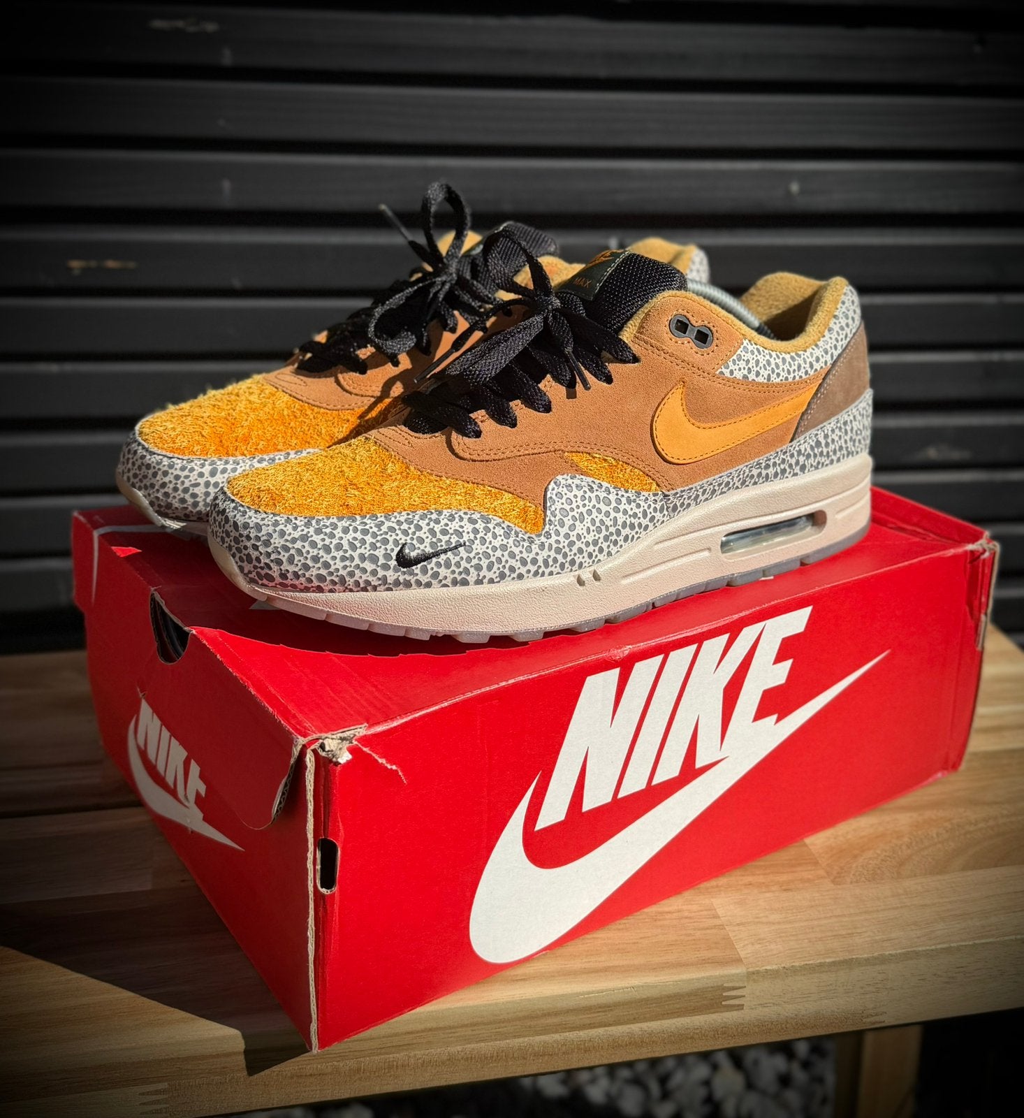 Nike Air Max 1 ‘Safari’ maat 45,5, Ophalen of Verzenden, Zo goed als nieuw, Overige kleuren