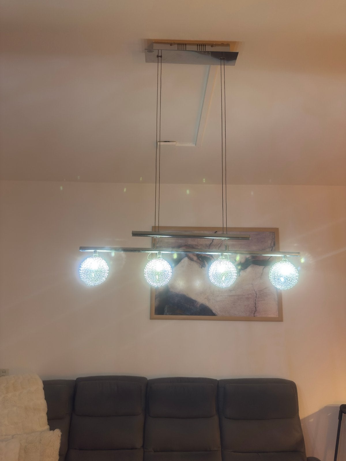 Moderne hanglamp met 4 glazen bollen, Ophalen, Gebruikt, Glas, Overige fittingen