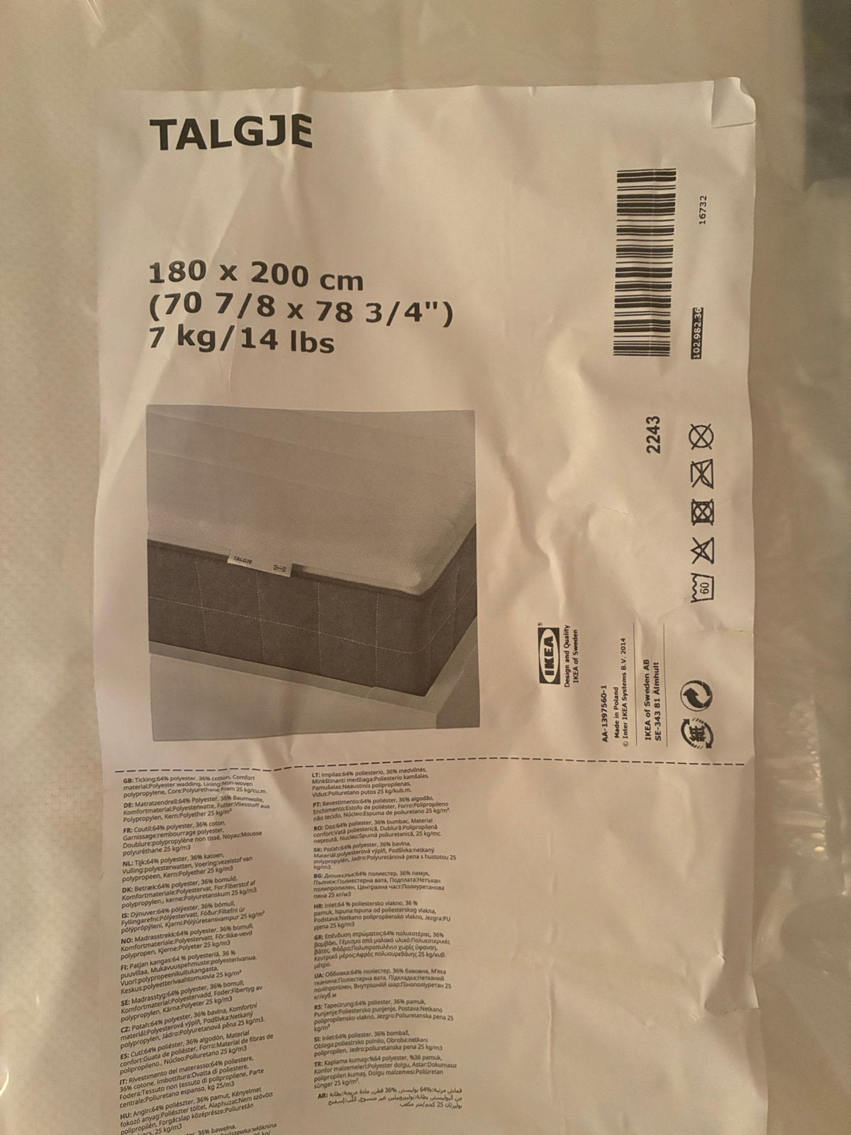Ikea topper “talgje”, Ophalen, Matras, 180 cm, 200 cm