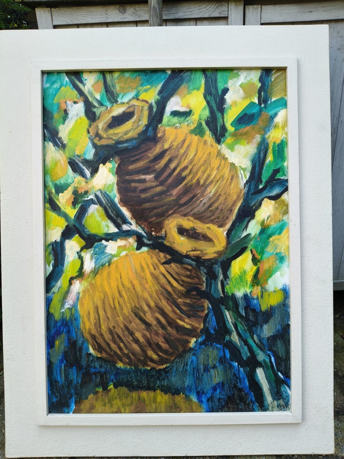 Abstract schilderij van J. Jonkers - Bijenkorven in boom, Ophalen