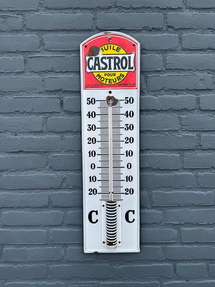 Vintage Castrol Thermometer - Emaille Buitenthermometer, Ophalen of Verzenden