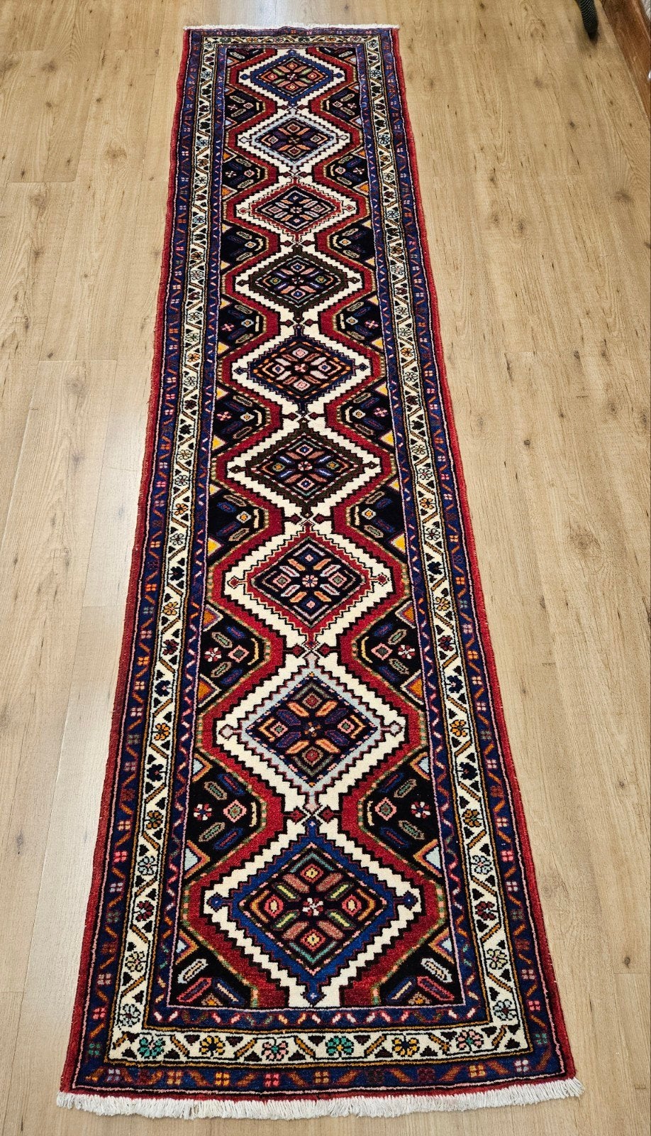 Vintage handgeknoopt perzisch tapijt loper hamadan 305x72, Huis en Inrichting, Stoffering | Tapijten en Kleden, Info@SlatsAntiek.nl