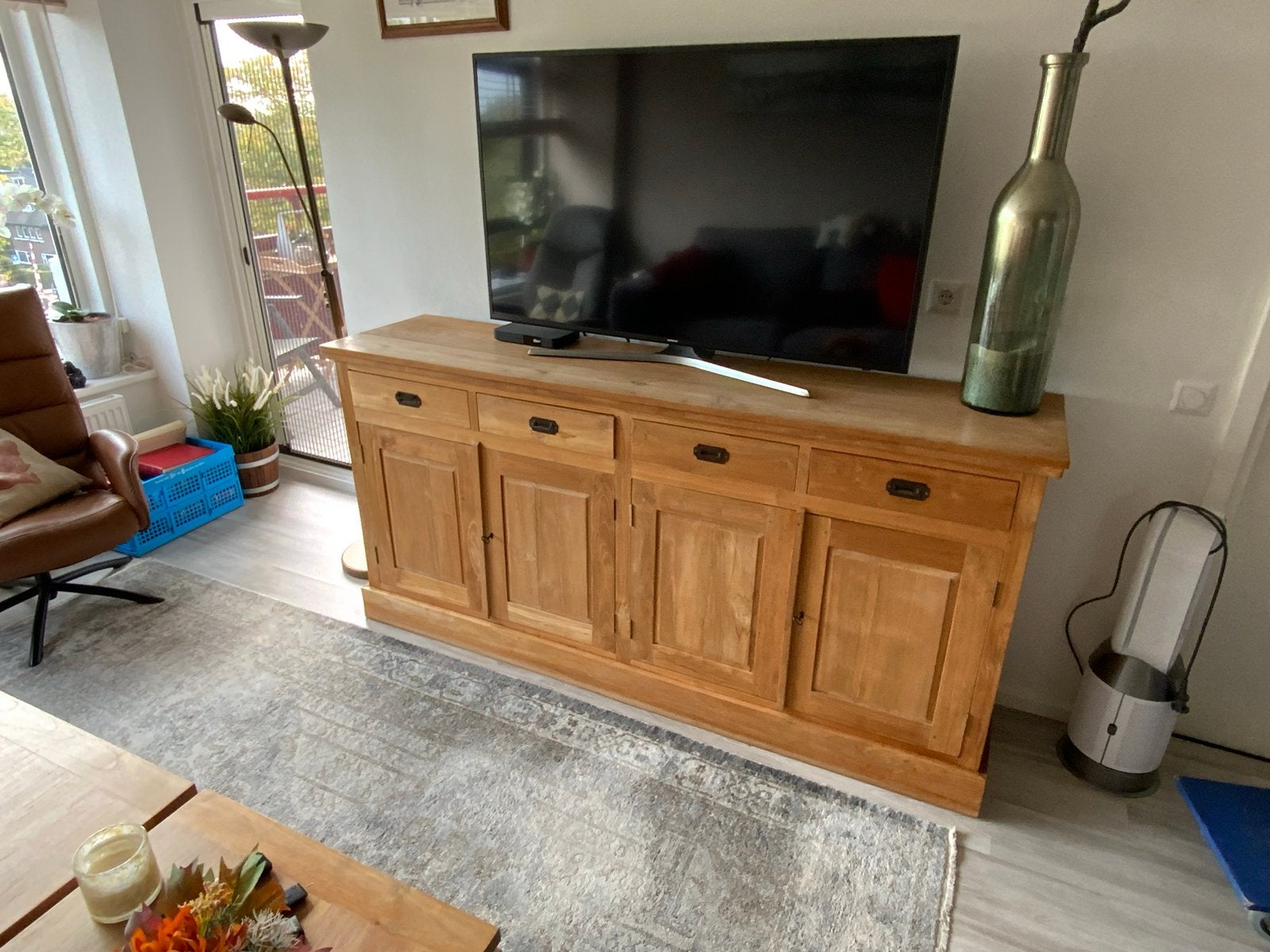 Massief teakhouten dressoir met lades en deuren, Ophalen, Gebruikt, 150 tot 200 cm, Met lade(s)