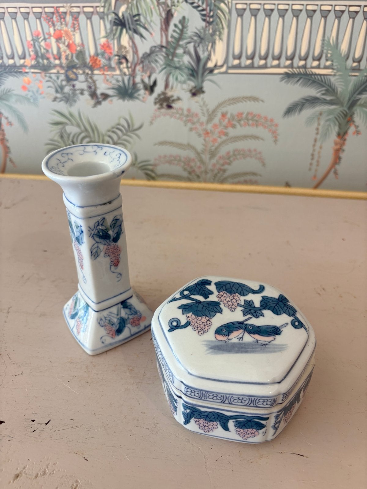 Vintage Chinese Porseleinen Set - Vogels & Druiven, Ophalen of Verzenden