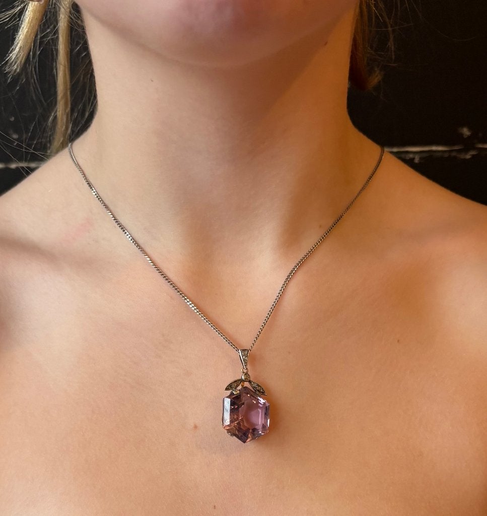 Amethist edelsteen diamant fraaie 14k ketting hanger goud, Ophalen of Verzenden, Goud, Hanger, Met edelsteen