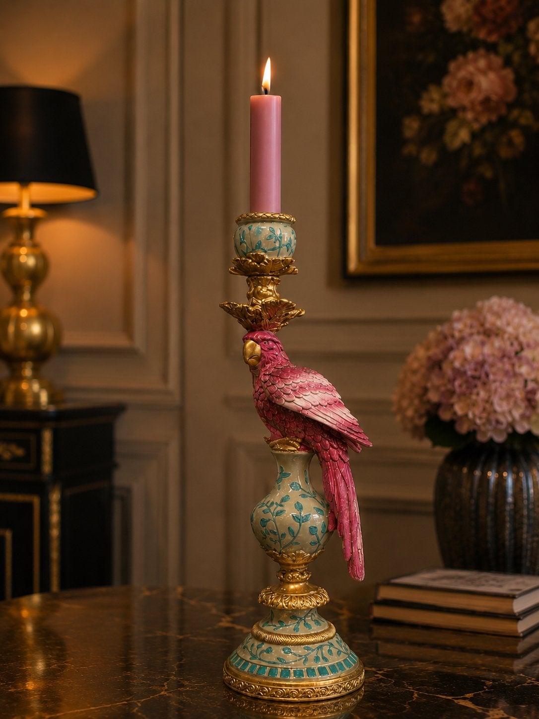 Kandelaar met Roze Papegaai - 40cm Hoog, Verzenden, Overige materialen
