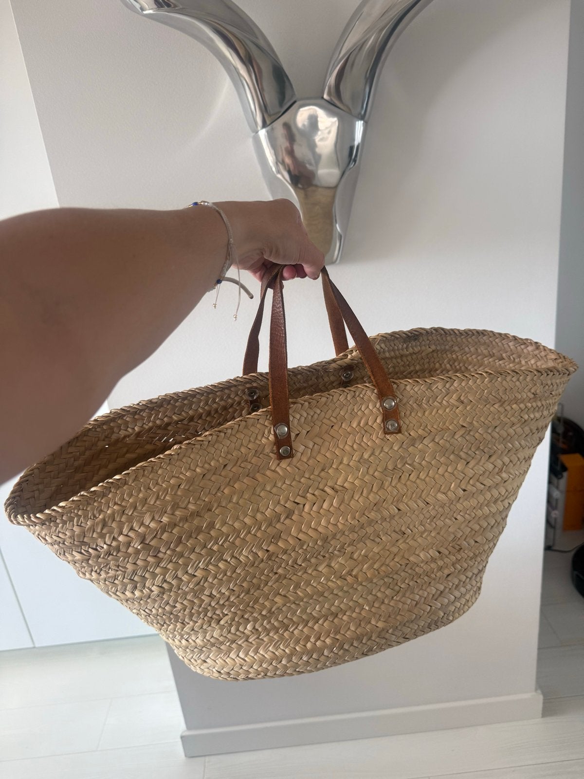 Rieten strandtas met leren handvatten, Ophalen, Gebruikt, Beige, Shopper