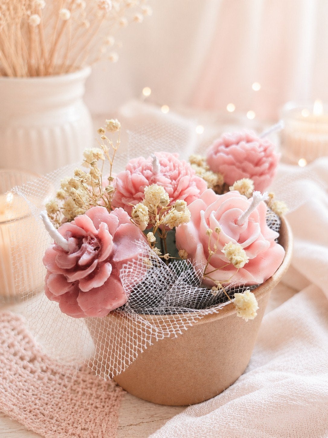 Roze bloemen kaarsen boeket, Ophalen of Verzenden, Nieuw, Overige materialen, Kaars