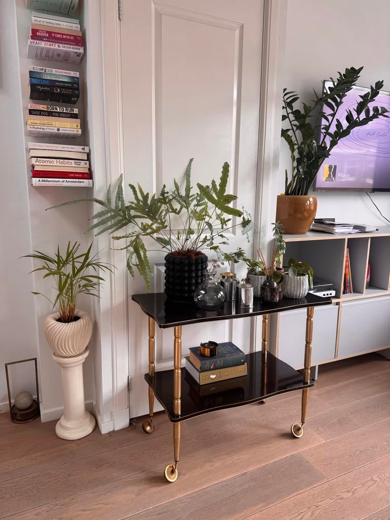 Vintage bijzettafel met wielen - Donkerbruin & Goud, Huis en Inrichting, Tafels | Bijzettafels, Minder dan 55 cm, Gebruikt, Ophalen of Verzenden